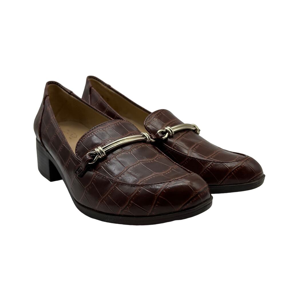 Naturalizer Croc-Embossed Naples Brown Heeled Loafers